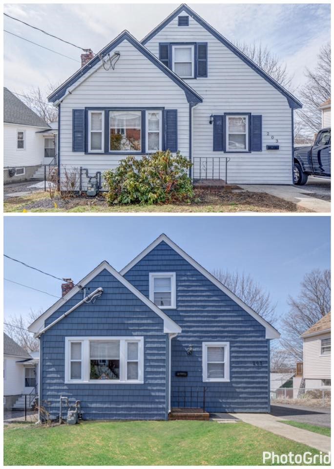 Pacific Blue Vinyl siding by CertainTeed. We like BOLD white trim