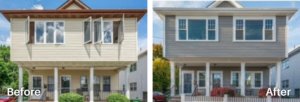 home with beige old outdated siding and dark brown edge trim and a lighter more updated castle stone certainteed home with harvey windows and thermatru doors in medford massachusetts installed by three sons