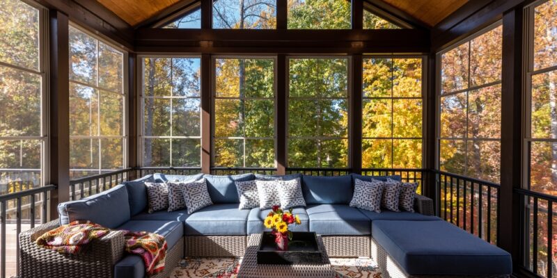 Screened porch during the fall season with rays of sunlight coming through the windows