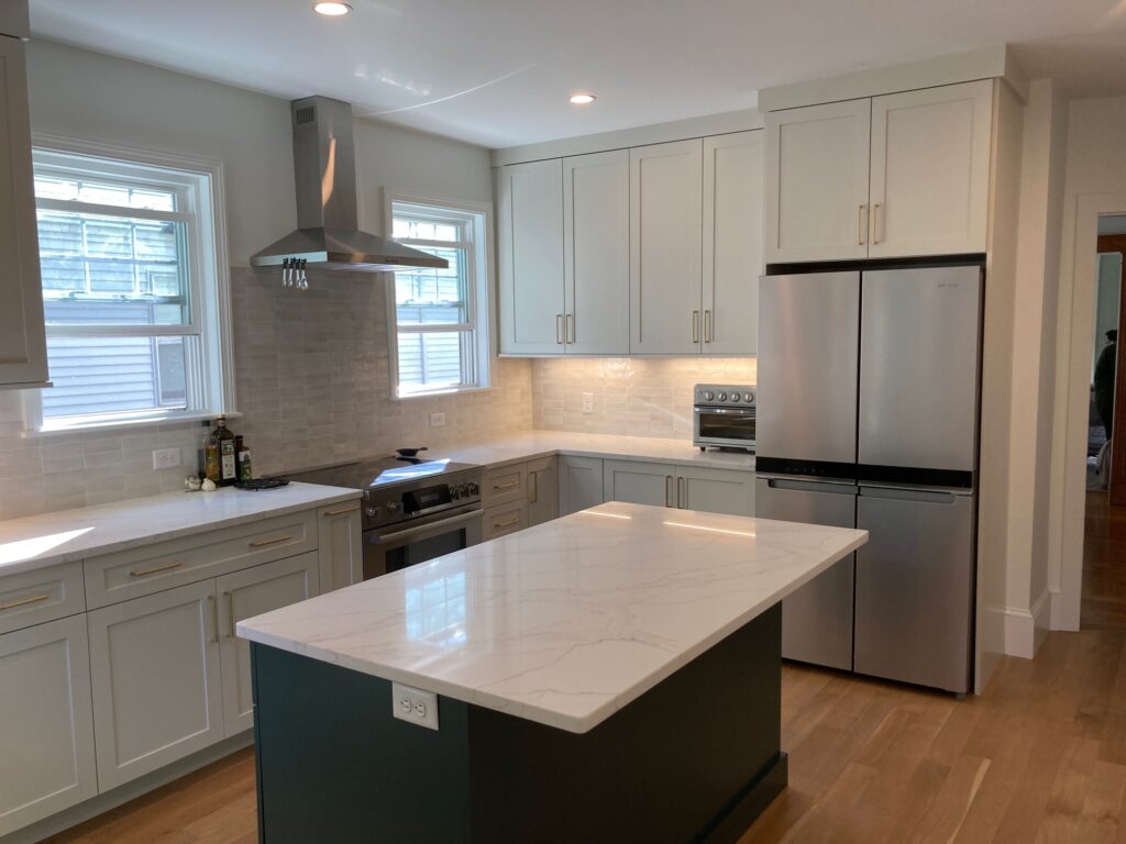 arlington kitchen remodel by three sons window door custom countertop installation new hardwood floors and custom cabinetry storage