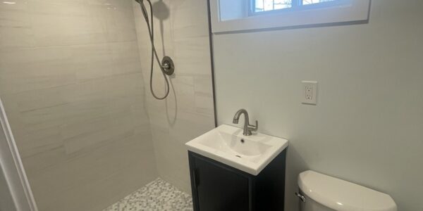 waltham massachusetts basement bathroom remodel renovation shower sink toilet marble floor by three sons window and door