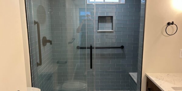 basement bathroom remodel new shower and tile floors and countertop with sink in framingham massachusetts by three sons window door