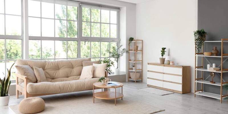 beautiful living room with large windows