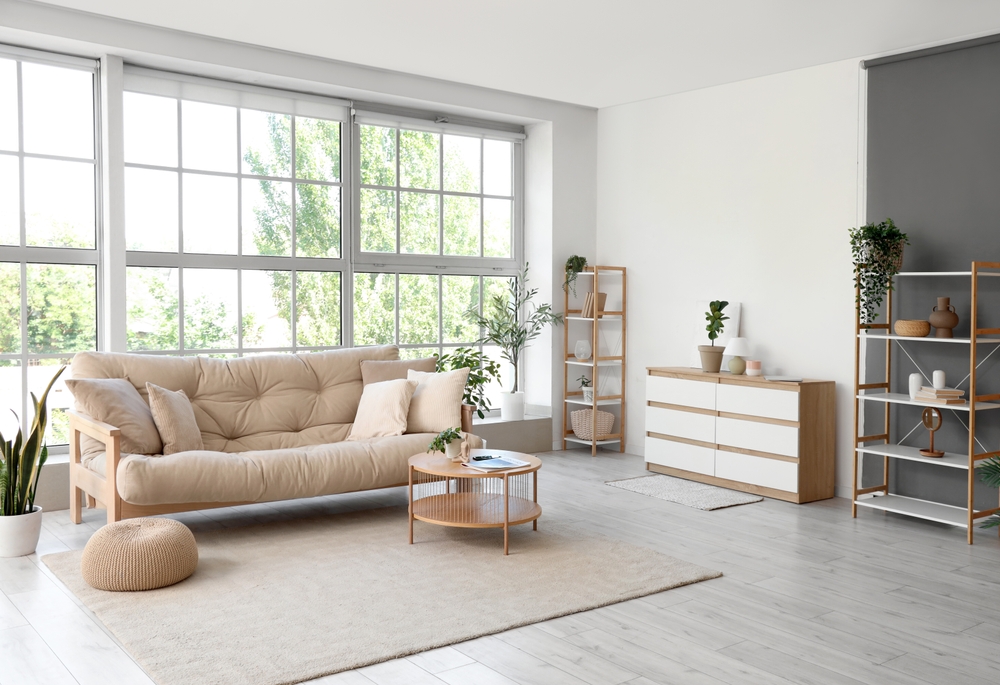 beautiful living room with large windows
