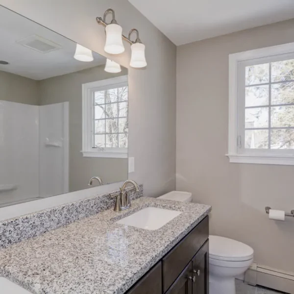 Bathroom remodel with dark-cabinet double vanity