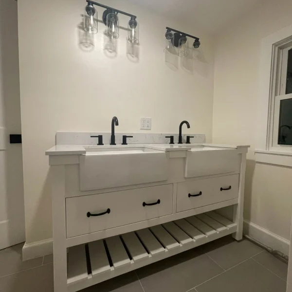 Farmhouse bathroom double vanity with matte black fixtures