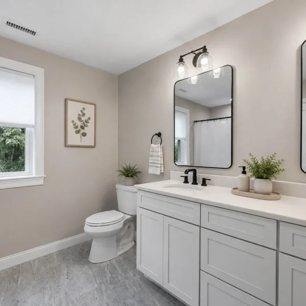 Bathroom remodel with white double vanity and black fixtures