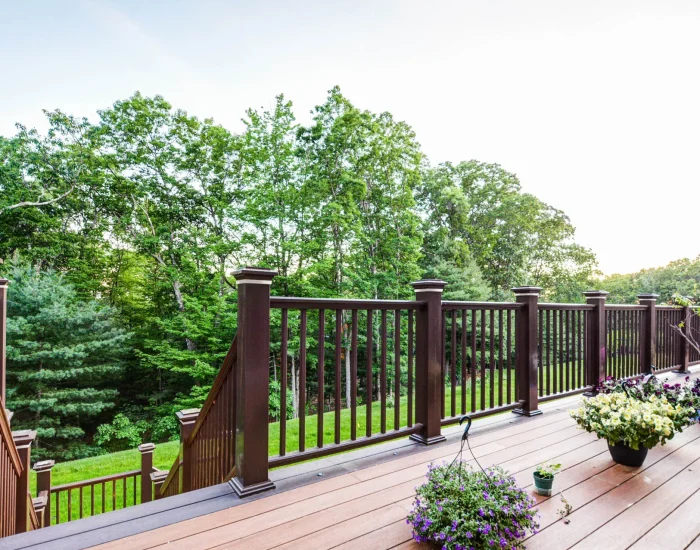 Composite deck with dark railing and stairs