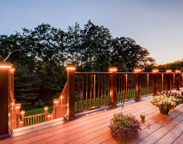 Composite deck at twilight with post-cap lights
