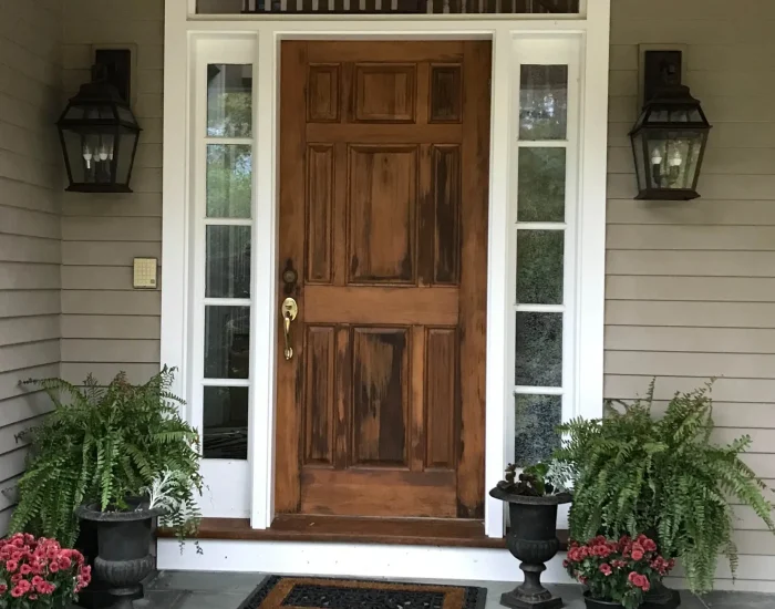 Wood entry door with sidelights and transom