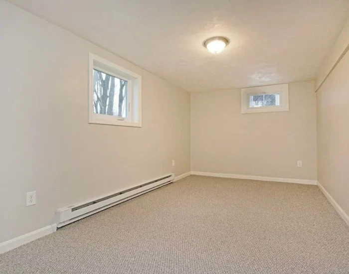 Finished basement room with new carpet and windows